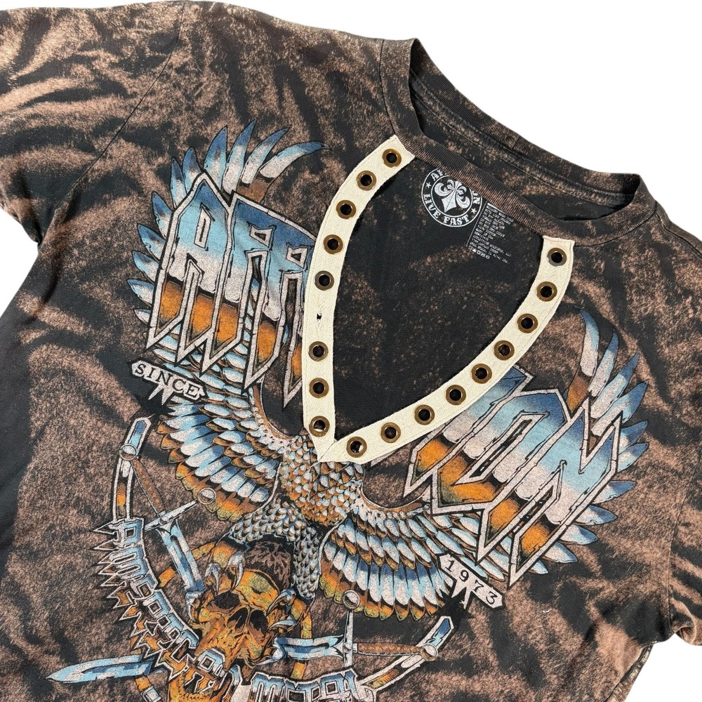 Affliction‎ Grunge Y2K Brown Graphic T-Shirt Keyhole Neck Sz L Studded Rock Goth